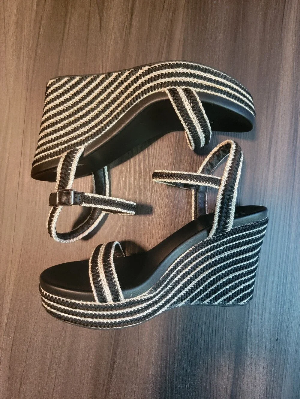 MIA Black and White Braided Wedge Sandals - Women's Ankle Strap